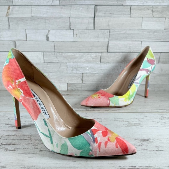 MANOLO BLAHNIK 105 Fabric BB Acuarela Watercolor Floral Print Pumps Size 38.5 - Picture 16 of 16